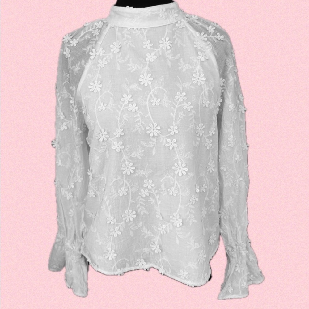 Lulu's White Floral Appliqué Sheer High-Neck Blouse
